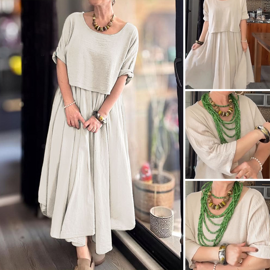 💐✨Bekvämt och elegant tvådelat set med blus med rund hals och kjol i bomull och linne för kvinnor
